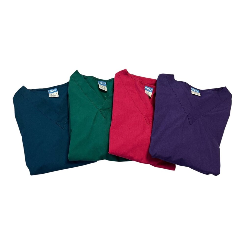 Set of 4 Crest Unisex Scrub Tops – Size M – Purple, Red, Green, Teal – V-Neck Me